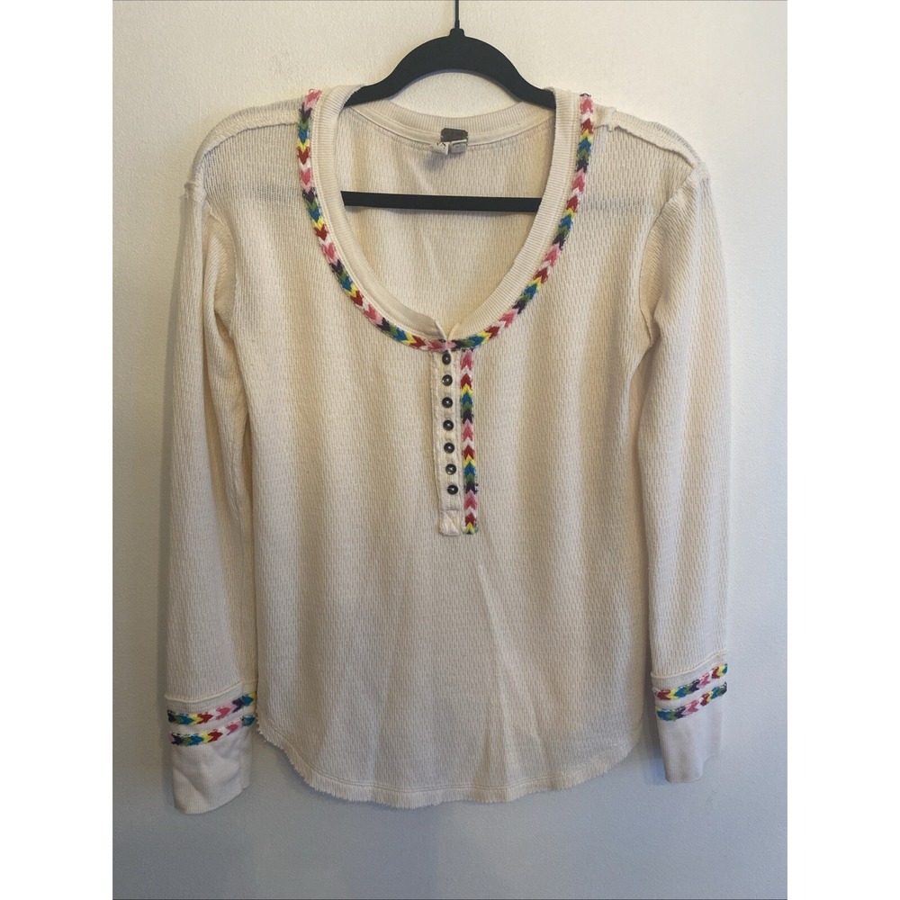 Anthropologie Free People Rainbow Embroidered White Thermal Henley Top Womens XS